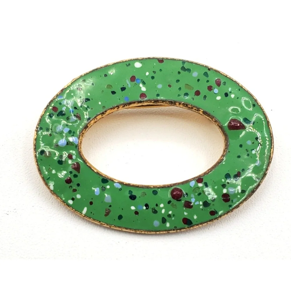 Vintage Gold Tone Green Speckled Enamel Oval Brooch Pin